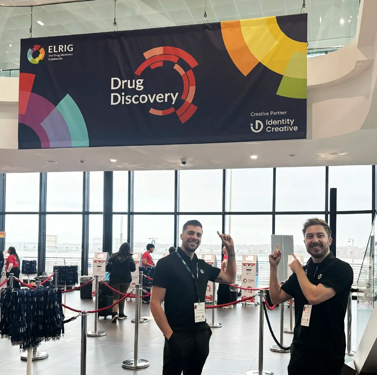Printed auditorium banner for life science exhibition, Drug Discovery by ELRIG partnered with Identity Creative, design and web agency for life science, tech and pharma near Cambridge