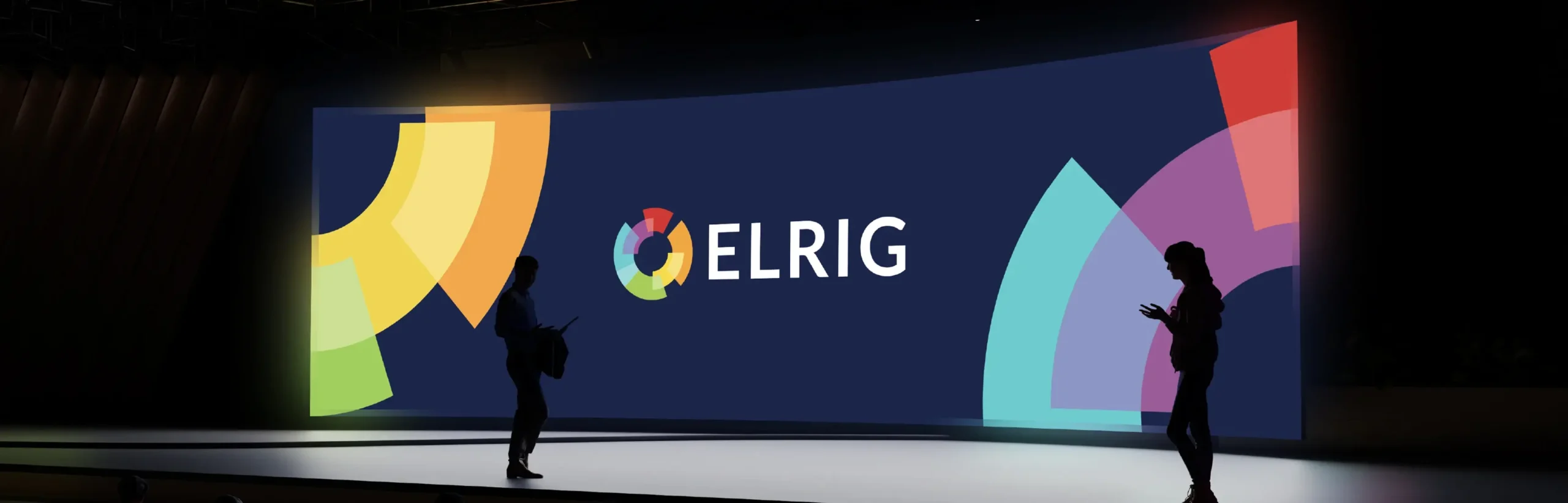 Render of large digital screen for event backdrop with bold colours and large ELRIG logo, The Drug Discovery Community