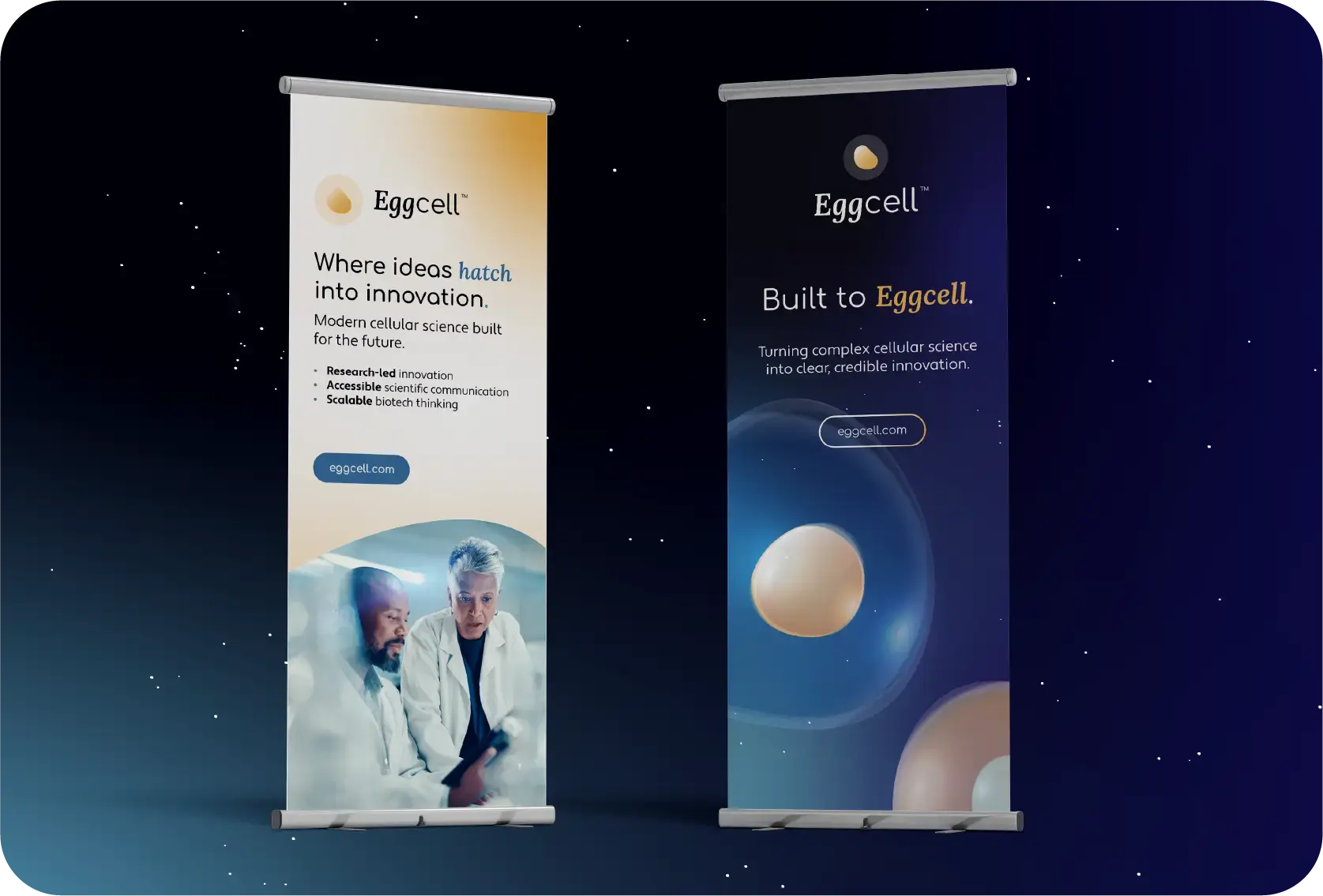 Impactful and bold pull up or roller banners for life science early-stage company with core messaging, bold scientific imagery and branding