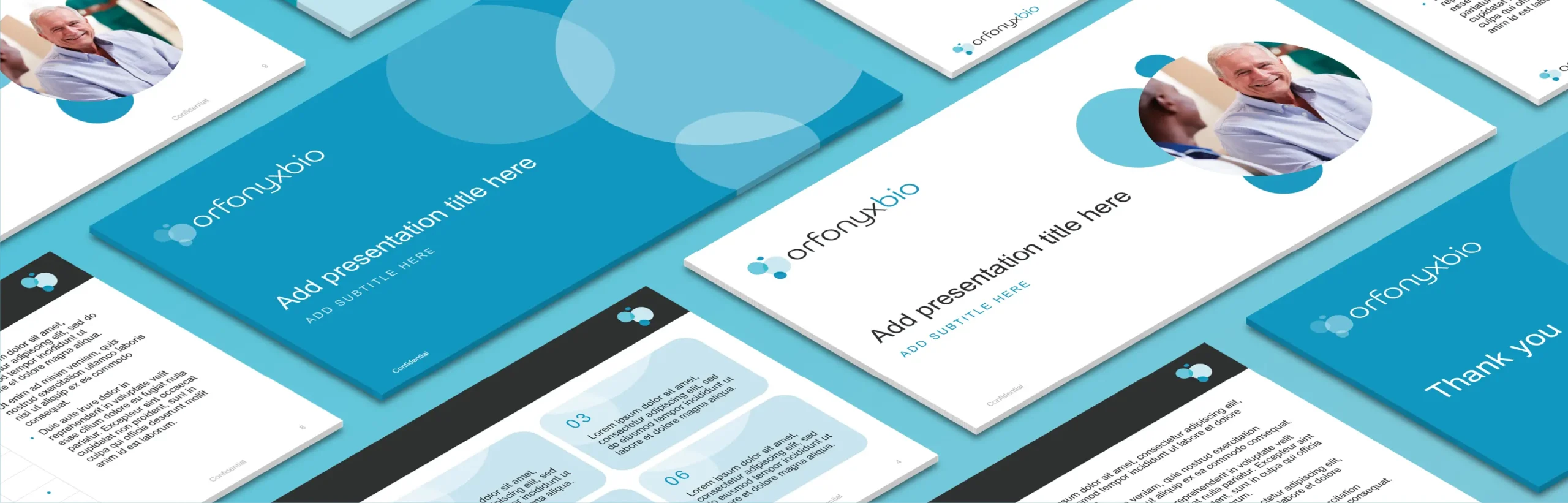 Custom professional PowerPoint presentation template designed for a life science company showing clean data layouts and slide structures