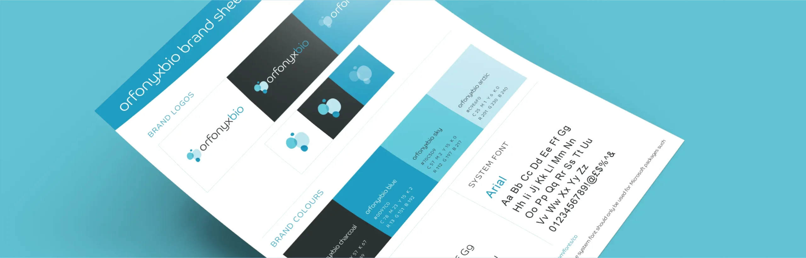 Brand system sheet created for Orfonyx Bio for logo formats, icon variants, brand colours and fonts